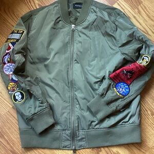 Pacsun Men's Green Bomber Jacket with Colorful Patches